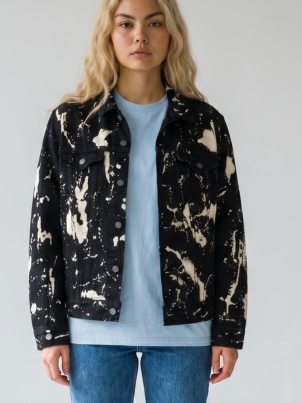Levi’s Denim Jean‎ Jacket Adult MEDIUM Black Paint Splatter Unisex - Picture 2 of 12
